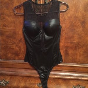 Black faux leather and mesh body suit